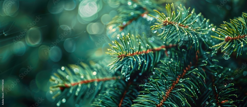 Aufkleber Raindrops on Scots pine needles with a selective focus and shallow depth of field. with copy space image. Place for adding text or design