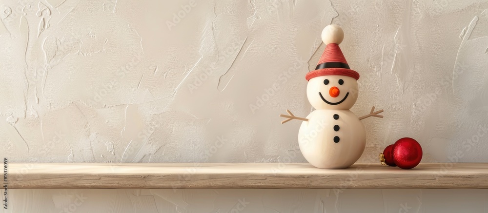Poster A humorous wooden snowman featuring a red nose and a hat is placed on a shelf against an off white backdrop with some empty space above. with copy space image. Place for adding text or design