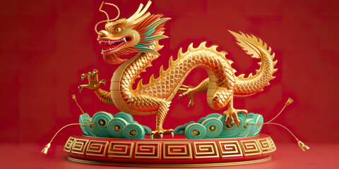 Obraz premium Golden Dragon Sculpture on Red Background with Chinese Design Elements.