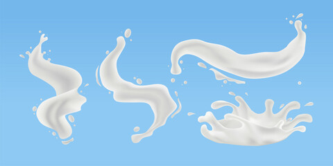 Milk Splash Set. Realistic Milk Drop, Wave with Splashes Isolated on Blue Background. Vector Illustration for Product Design or Advertising Needs.