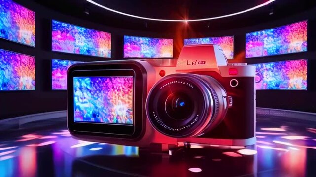 A sleek camera with a lens reflecting colorful lights on a stage.