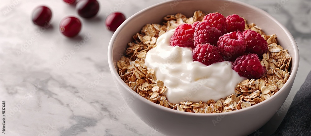Leinwandbilder bowl of granola with oats yogurt fresh raspberries and cranberries. with copy space image. place for