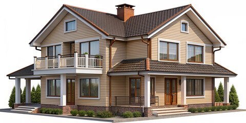 Fototapeta premium Wooden house , cladding siding, brick,house design, house construction, project, for advertising, project, poster, web site, cut out, on transparent background png.