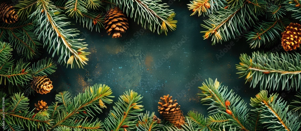 Poster Top view of a fir tree frame set against a colorful background with copy space Merry Christmas theme