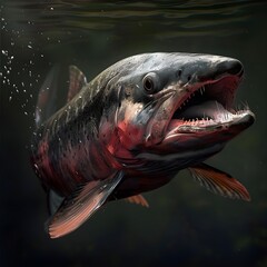 A fearsome fish with sharp teeth, depicted in a dynamic underwater scene, showing aggression and power.