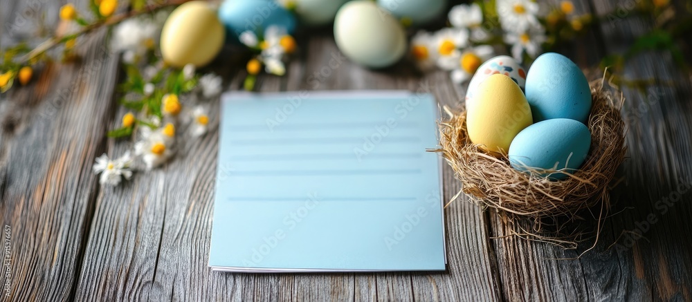 Aufkleber Easter themed blank list on a wooden table. with copy space image. Place for adding text or design