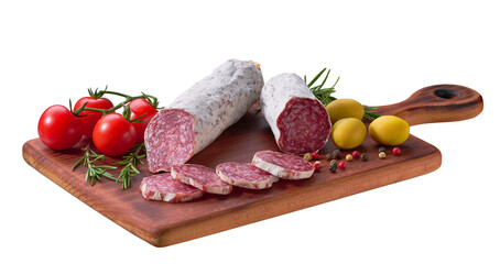 slices of Spanish Fuet thin dried salami sausage on a cutting board isolated on a white background.