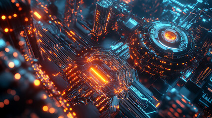 A seamless blend of organic and mechanical elements, forming a futuristic hybrid shape pulsing with light and shadow, suspended above a digital landscape of interconnected circuits and glowing pathway