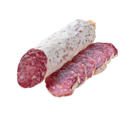 slices of Spanish Fuet thin dried salami sausage isolated on a white background.