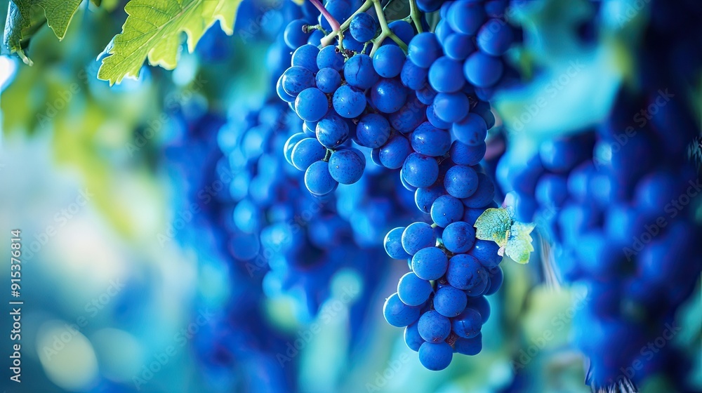 Sticker Blue grapevines dangling from the vines in a vineyard, captured in a detailed close-up with a natural background.