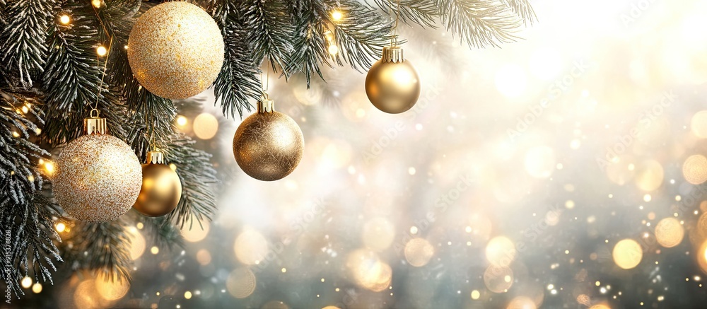 Poster christmas decoration with gold balls hanging on pine branches along with a garland and ornaments set