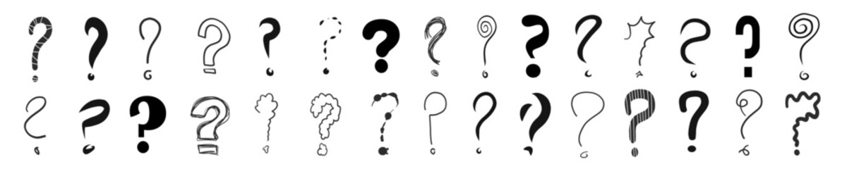 Question mark interrogation sign symbol query icons punctuation marks black asking vector illustration graphic scribble doodle sketches set