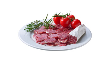 fuet sausage cut in slices on a white plate with peppercorns and fresh rosemary, isolated on a white background.