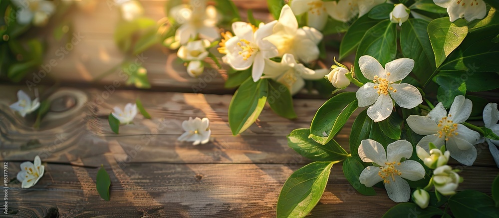Poster spring flowering branch on a wooden surface jasmine. with copy space image. place for adding text or