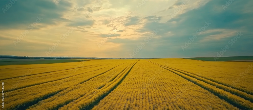 Aufkleber Scenic rapeseed fields beneath a cloudy sky Aerial view of rapeseed crops in a farm field. with copy space image. Place for adding text or design