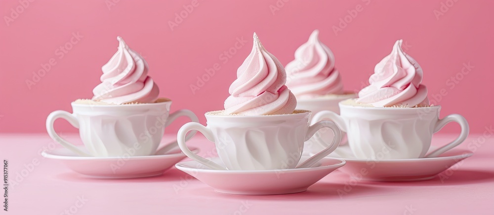 Poster white cup with scattered white twisted meringues on a pink background greeting card copyspace simple