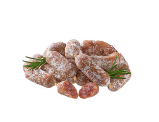 delicious mini spicy pork fermented dry cured salami sausages  isolated on a white background.