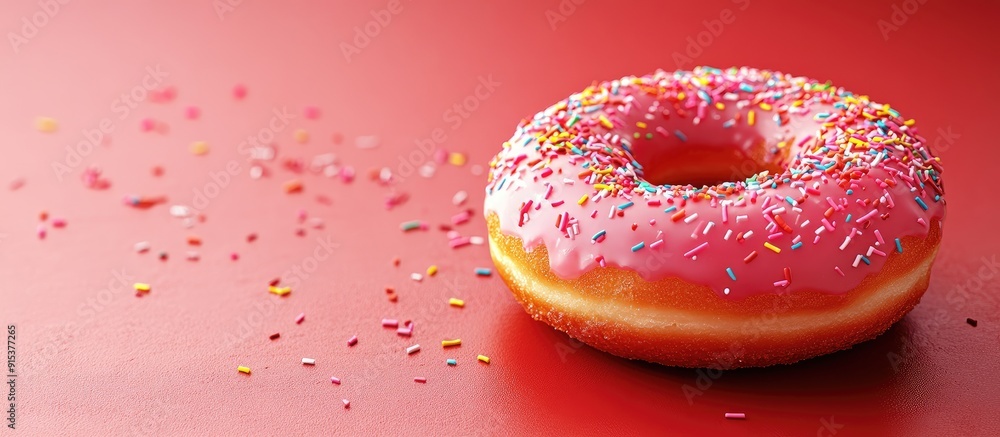Poster Close up of a pink glazed doughnut topped with rainbow sprinkles placed on a red table with room for text on the left. with copy space image. Place for adding text or design