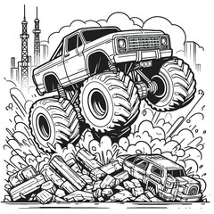 Monster truck crushing obstacles coloring page vector illsutration 