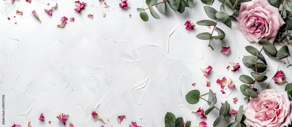 Poster Flat lay arrangement of flowers Dried rose blooms and eucalyptus sprigs on a white background from a top view with copy space Floral backdrop Design element for a greeting card