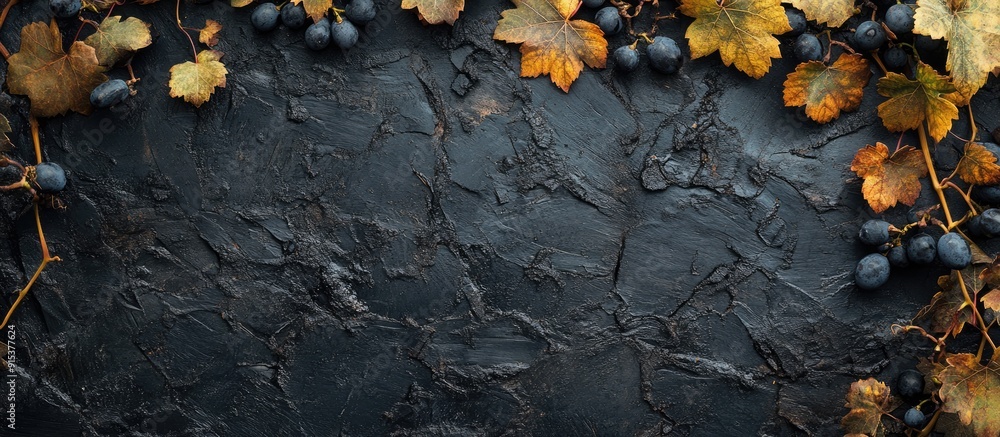 Aufkleber autumn backdrop grape leaves on a damp black wooden surface copyspace top view