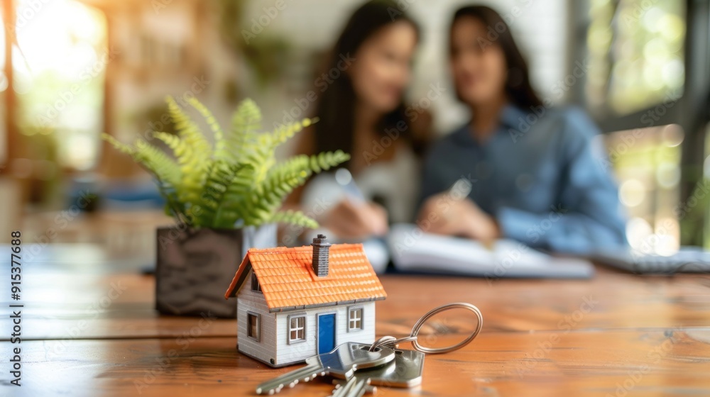 Poster two women sitting at a table with a house model and a key on the table