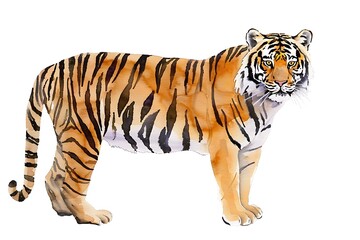 Obraz premium Watercolor Illustration of a Tiger Standing on a White Background.