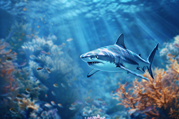 Naklejka premium big shark swimming under blue water with sun light with copy space