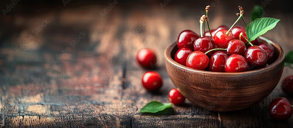 Aufkleber Fresh cherries in a cup on a dark rustic wooden table Background with copyspace Selective focus