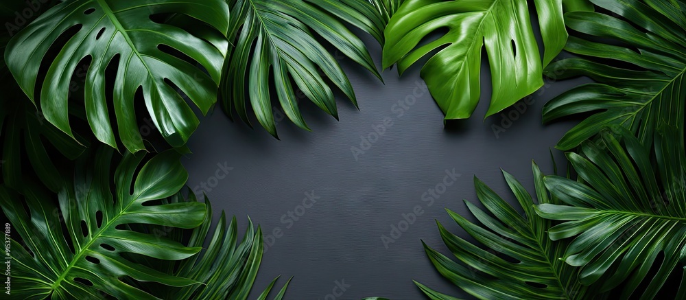 Poster creative simple background featuring tropical leaves tropical palm leaves against a gray black backd
