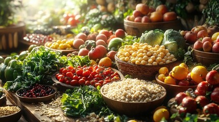 Healthy food spread with fresh fruits, vegetables, and grains, nutritious meal