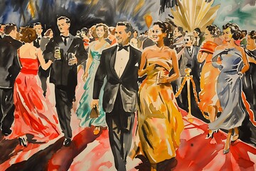 Watercolor Painting of People on a Red Carpet.