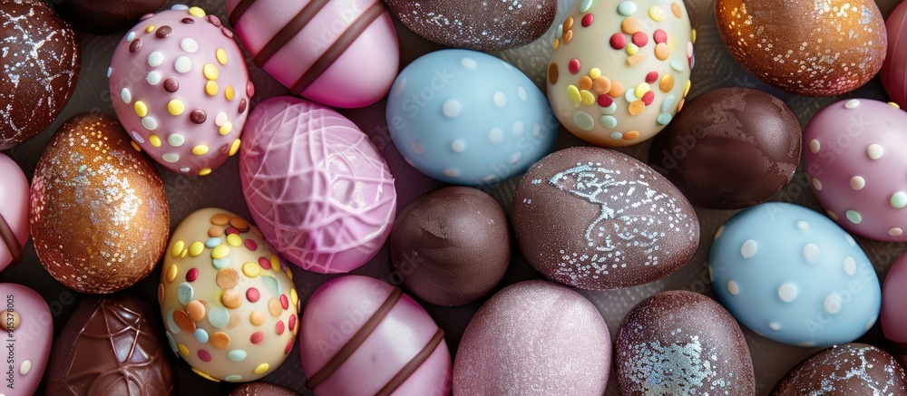Poster Macro detail of various colored chocolate Easter eggs on a glitter background. with copy space image. Place for adding text or design
