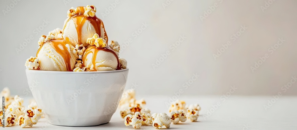 Leinwandbilder Ice cream topped with caramel and popcorn on a white table against a white background. with copy space image. Place for adding text or design