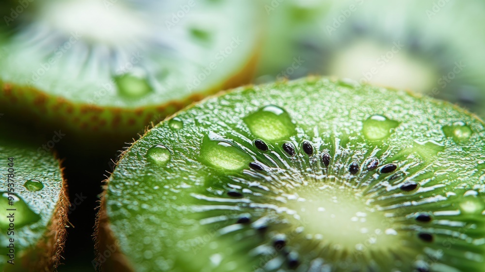 Sticker Close-up macro of fresh green kiwi fruits with water droplets, ideal for a juicy and refreshing design.