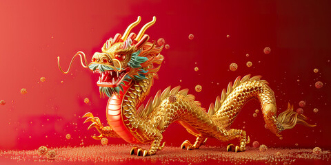 Fototapeta premium Golden Dragon with Red Background and Gold Specks.