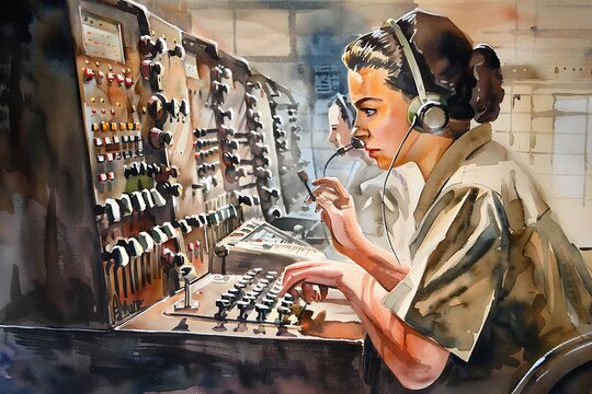 Watercolor Painting of a Woman Working on a Vintage Teletype Machine.