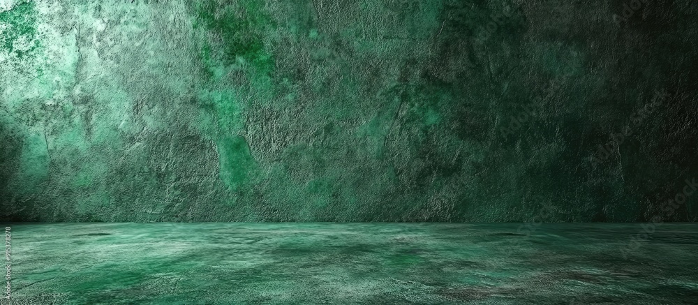 Poster A black and green wall backdrop in a dar style featuring a green wall with a green painted background along with an abstract texture resembling handmade concrete or plaster. with copy space image