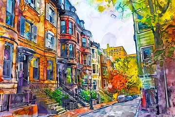 Fototapeta premium Watercolor Illustration of a Row of Colorful Townhouses on a Street.