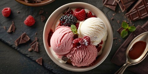 Top view flat lay of a sundae with berry vanilla and chocolate ice cream