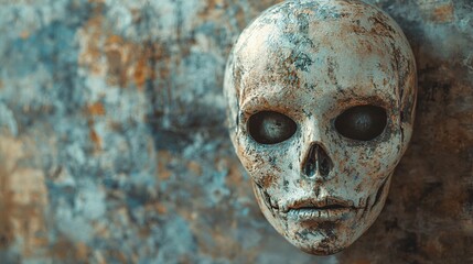 Eerie Haunted Masquerade: Spooky Halloween Concept with Skull Mask, Bone Mannequin Head, and Creepy Doll on Grunge Rustic Texture - October Festival Illustration