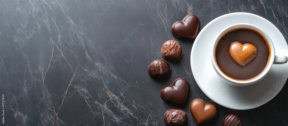 Poster Top view of a chocolate heart and coffee for Valentine s Day. with copy space image. Place for adding text or design