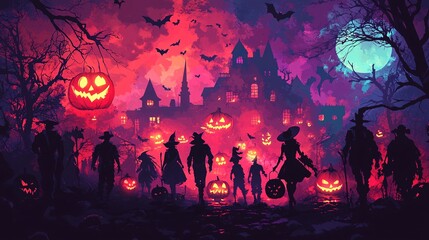 Spooky Halloween Masquerade: Group of People in Haunted Costumes - Illustration