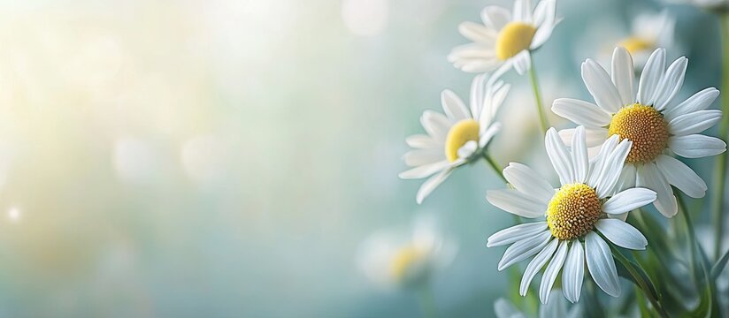 Daisies on a meadow background with white flower blossoms margarite style featuring copy space