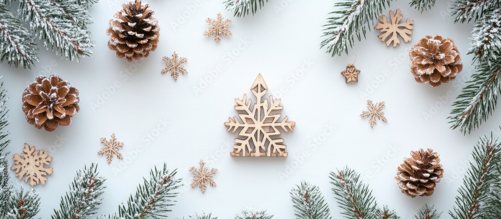 Aufkleber christmas backdrop featuring a wooden tree decoration snowflakes and pine cones on a white surface f