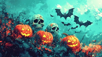 Enchanting Halloween Masquerade: Colorful Pumpkins, Spooky Skulls, and Eerie Bats in Vibrant Illustration Against Bright Blue Background