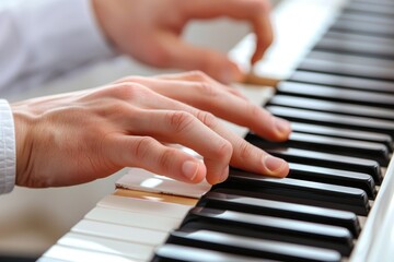 Obraz premium Close-up of hand playing piano keys.
