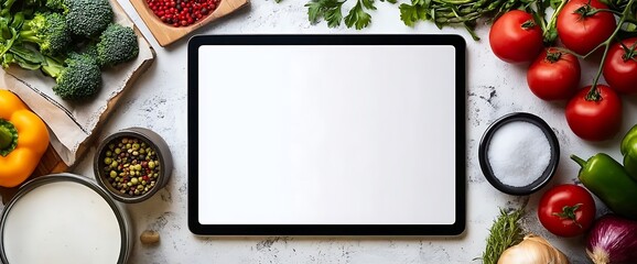 Digital tablet computer with mockup white screen vegetables