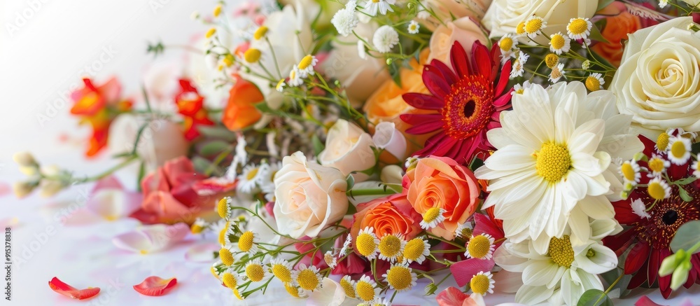 Poster Fresh lovely flowers set against a white background. with copy space image. Place for adding text or design