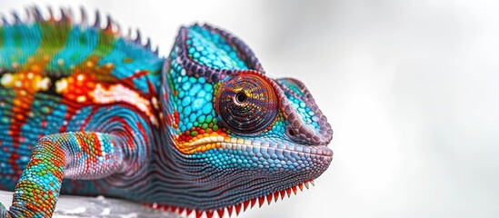 Obraz premium Ambanja Panther Chameleon Furcifer pardalis set against a white background. with copy space image. Place for adding text or design